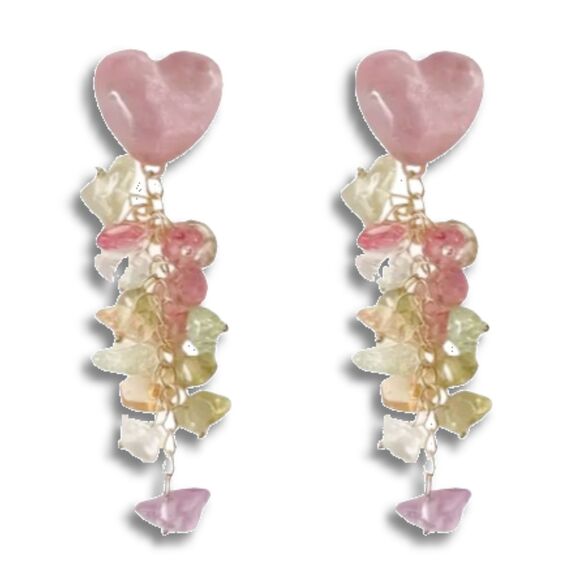 Pink Heart Chunky Stones Dangle Earrings - Picture 6 of 6